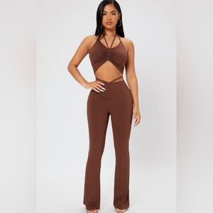 SHEIN 2PC Brown Tie Halter Crop Top & Flare Leg Pants Set